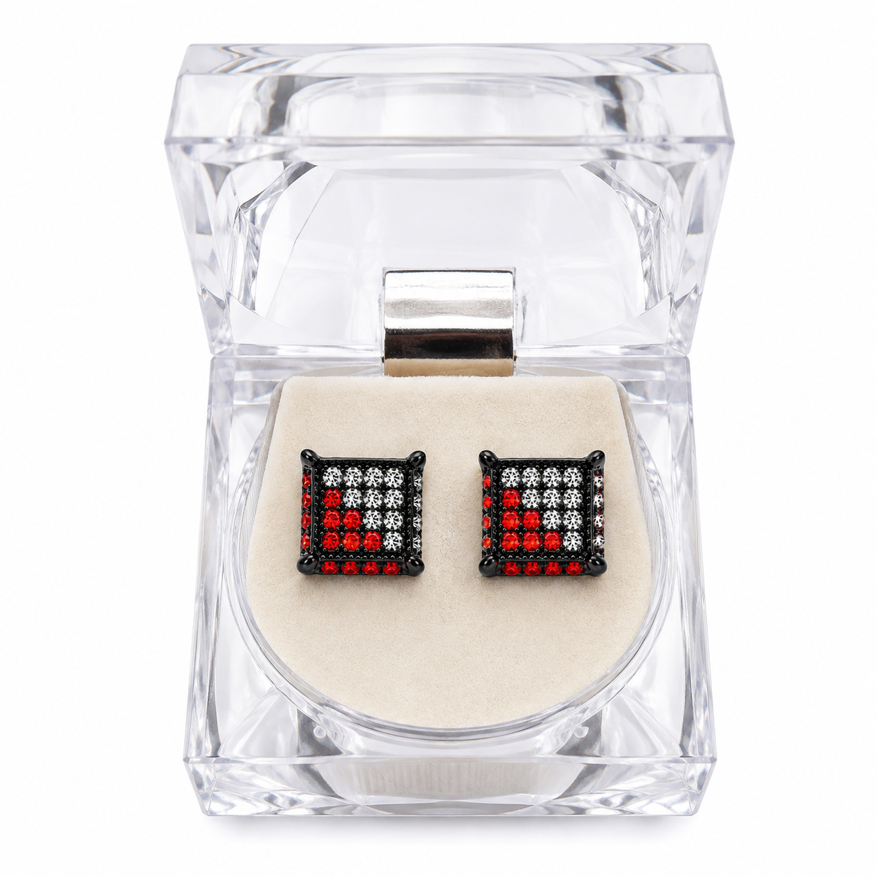 Hip Hop M Square Stud Earrings – AAA+ CZ Mounted Black-clear-RED Iced Out Earrings for Men & Women | Fashion Jewelry