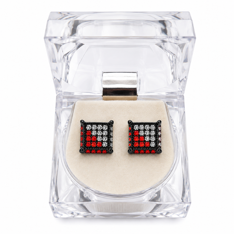 Hip Hop M Square Stud Earrings – AAA+ CZ Mounted Black-clear-RED Iced Out Earrings for Men & Women | Fashion Jewelry