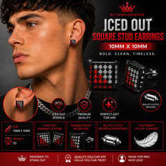 Hip Hop M Square Stud Earrings – AAA+ CZ Mounted Black-clear-RED Iced Out Earrings for Men & Women | Fashion Jewelry