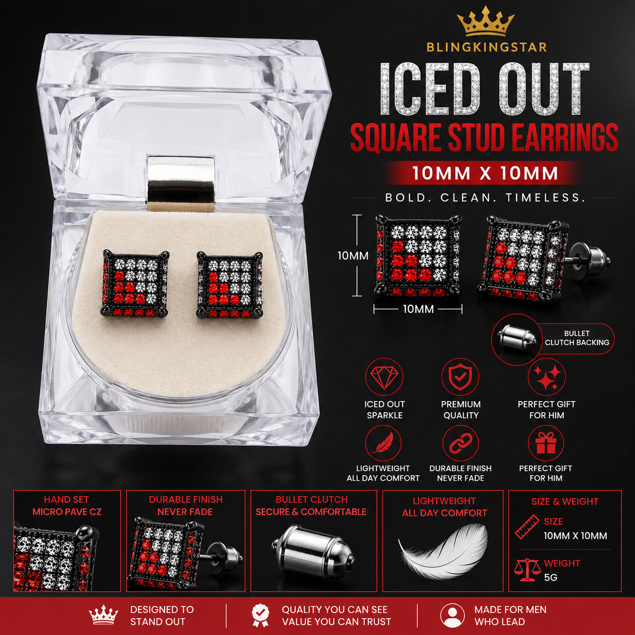 Hip Hop M Square Stud Earrings – AAA+ CZ Mounted Black-clear-RED Iced Out Earrings for Men & Women | Fashion Jewelry