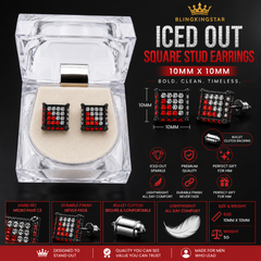Hip Hop M Square Stud Earrings – AAA+ CZ Mounted Black-clear-RED Iced Out Earrings for Men & Women | Fashion Jewelry