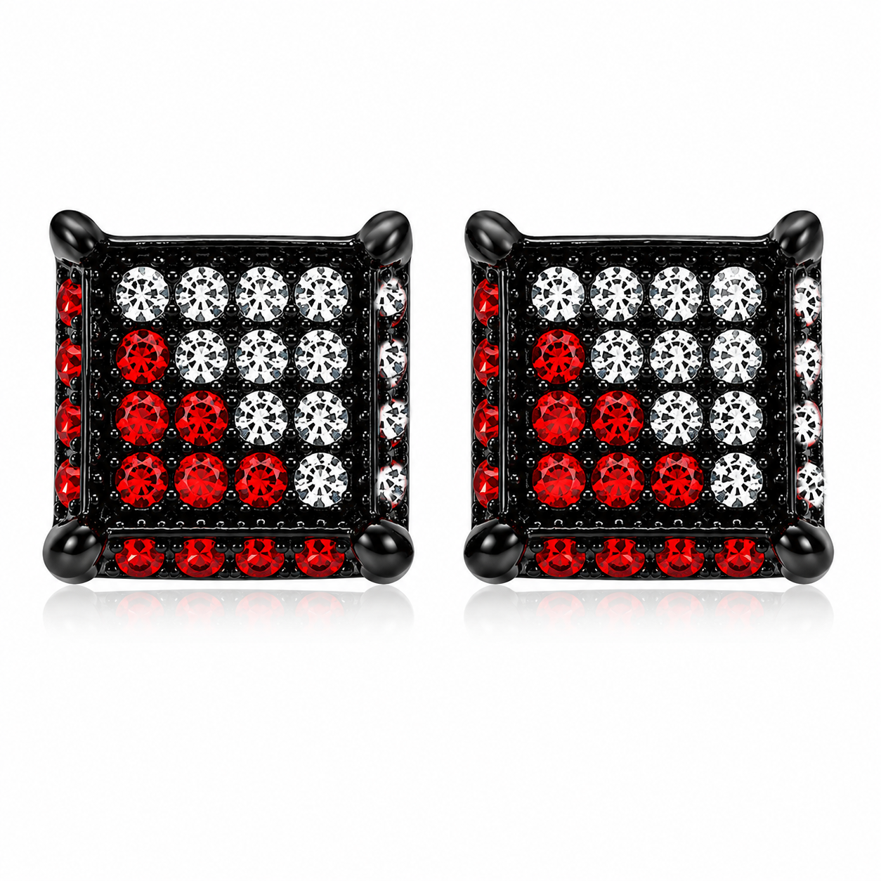 Hip Hop M Square Stud Earrings – AAA+ CZ Mounted Black-clear-RED Iced Out Earrings for Men & Women | Fashion Jewelry