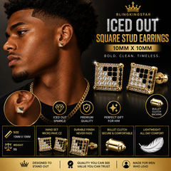 Hip Hop M Square Stud Earrings – AAA+ CZ Mounted Gold-clear-Black Iced Out Earrings for Men & Women | Fashion Jewelry