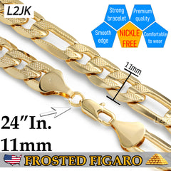 FROSTED 11 MM/24" FIGARO LINK CHAIN NECKLACE 14K REAL GOLD FILLED