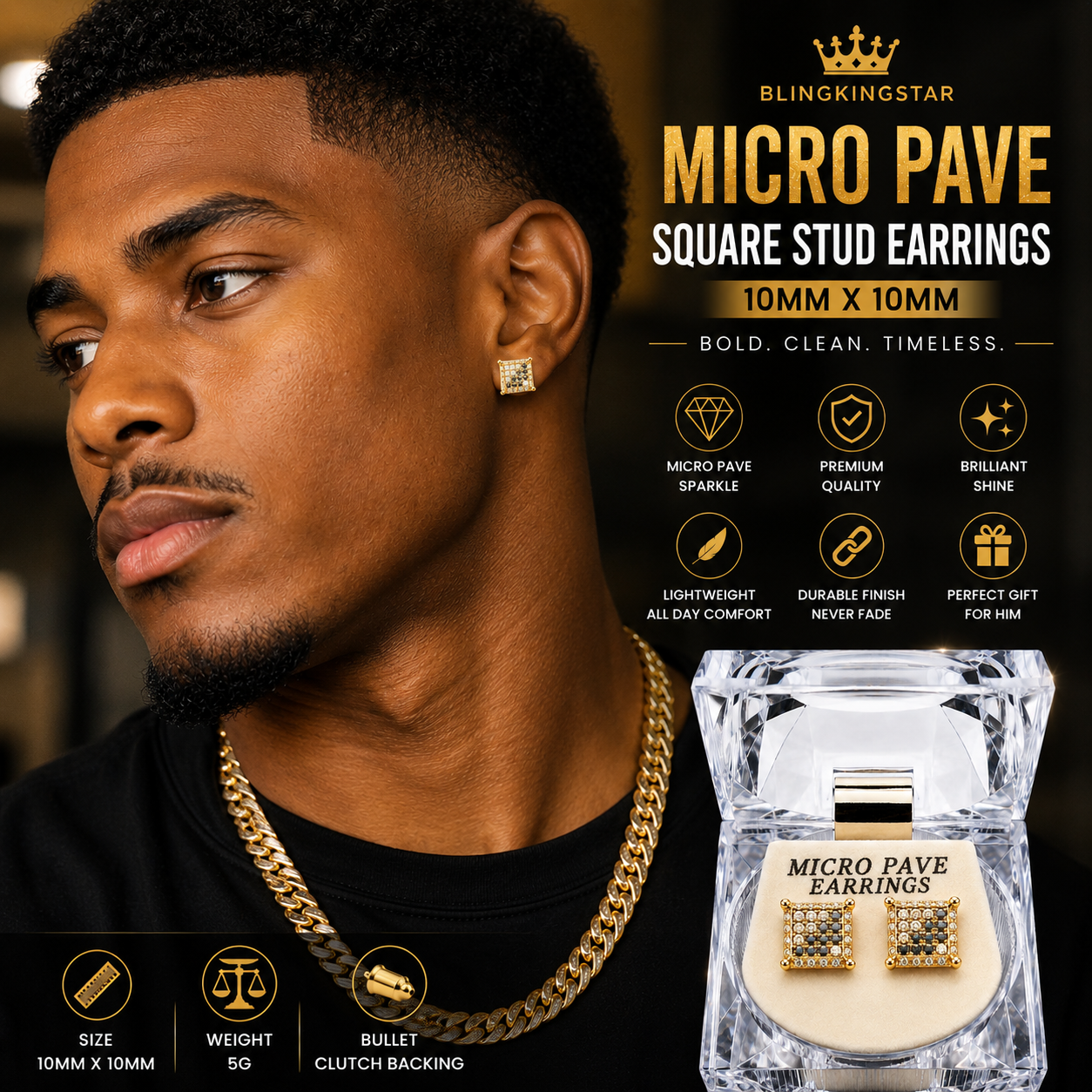 Hip Hop M Square Stud Earrings – AAA+ CZ Mounted Gold-clear-Hematite Iced Out Earrings for Men & Women | Fashion Jewelry (Copy)