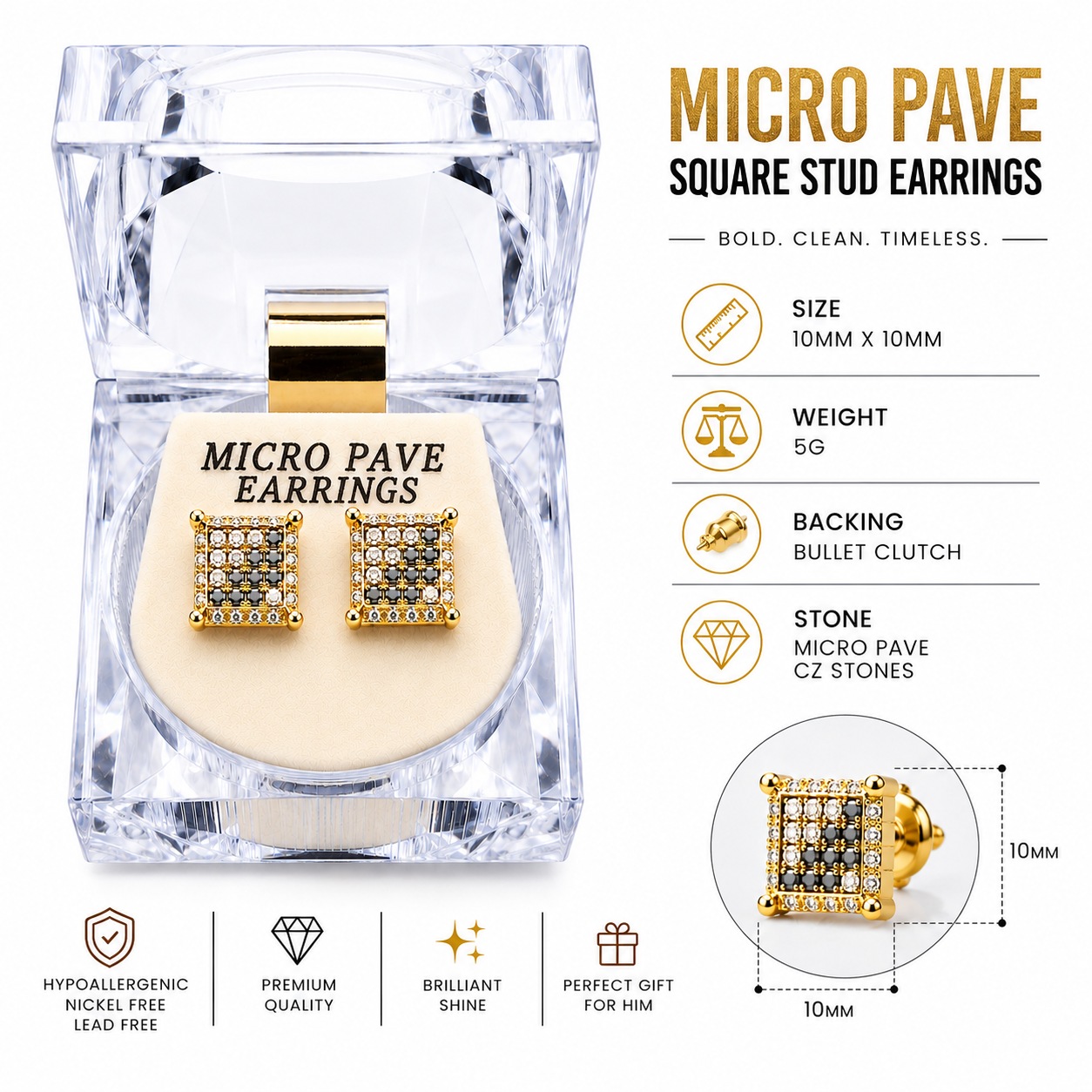 Hip Hop M Square Stud Earrings – AAA+ CZ Mounted Gold-clear-Hematite Iced Out Earrings for Men & Women | Fashion Jewelry (Copy)