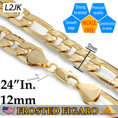 FROSTED 12 MM/24" FIGARO LINK CHAIN NECKLACE 14K REAL GOLD FILLED