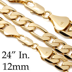 12 MM/24" FIGARO LINK CHAIN NECKLACE 14K REAL GOLD FILLED