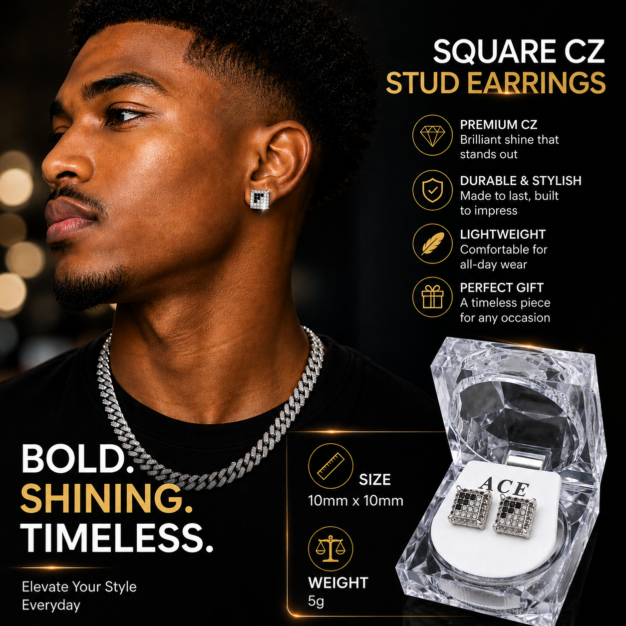 Hip Hop M Square Stud Earrings – AAA+ CZ Mounted Silver-clear-Black Iced Out Earrings for Men & Women | Fashion Jewelry