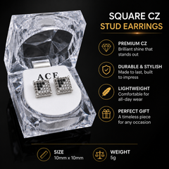 Hip Hop M Square Stud Earrings – AAA+ CZ Mounted Silver-clear-Black Iced Out Earrings for Men & Women | Fashion Jewelry