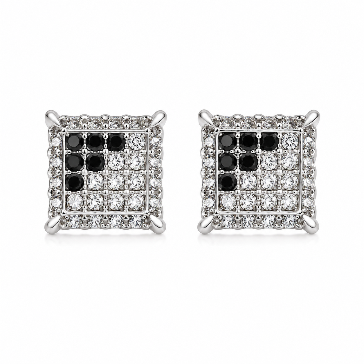 Hip Hop M Square Stud Earrings – AAA+ CZ Mounted Silver-clear-Black Iced Out Earrings for Men & Women | Fashion Jewelry