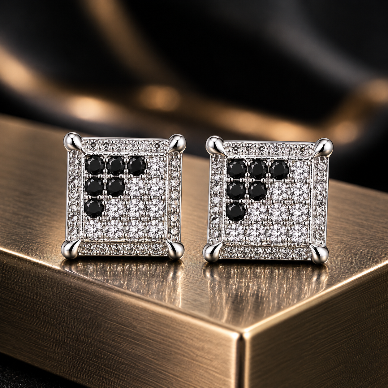 Hip Hop M Square Stud Earrings – AAA+ CZ Mounted Silver-clear-Black Iced Out Earrings for Men & Women | Fashion Jewelry