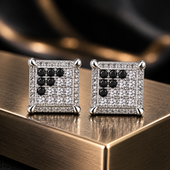 Hip Hop M Square Stud Earrings – AAA+ CZ Mounted Silver-clear-Black Iced Out Earrings for Men & Women | Fashion Jewelry