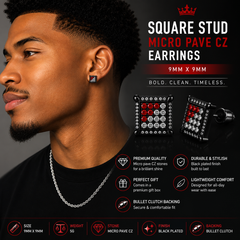 Hip Hop M Square Stud Earrings – AAA+ CZ Mounted Black-clear-Red Iced Out Earrings for Men & Women | Fashion Jewelry