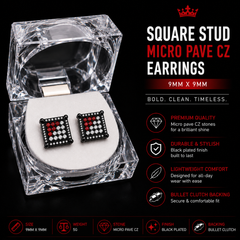 Hip Hop M Square Stud Earrings – AAA+ CZ Mounted Black-clear-Red Iced Out Earrings for Men & Women | Fashion Jewelry