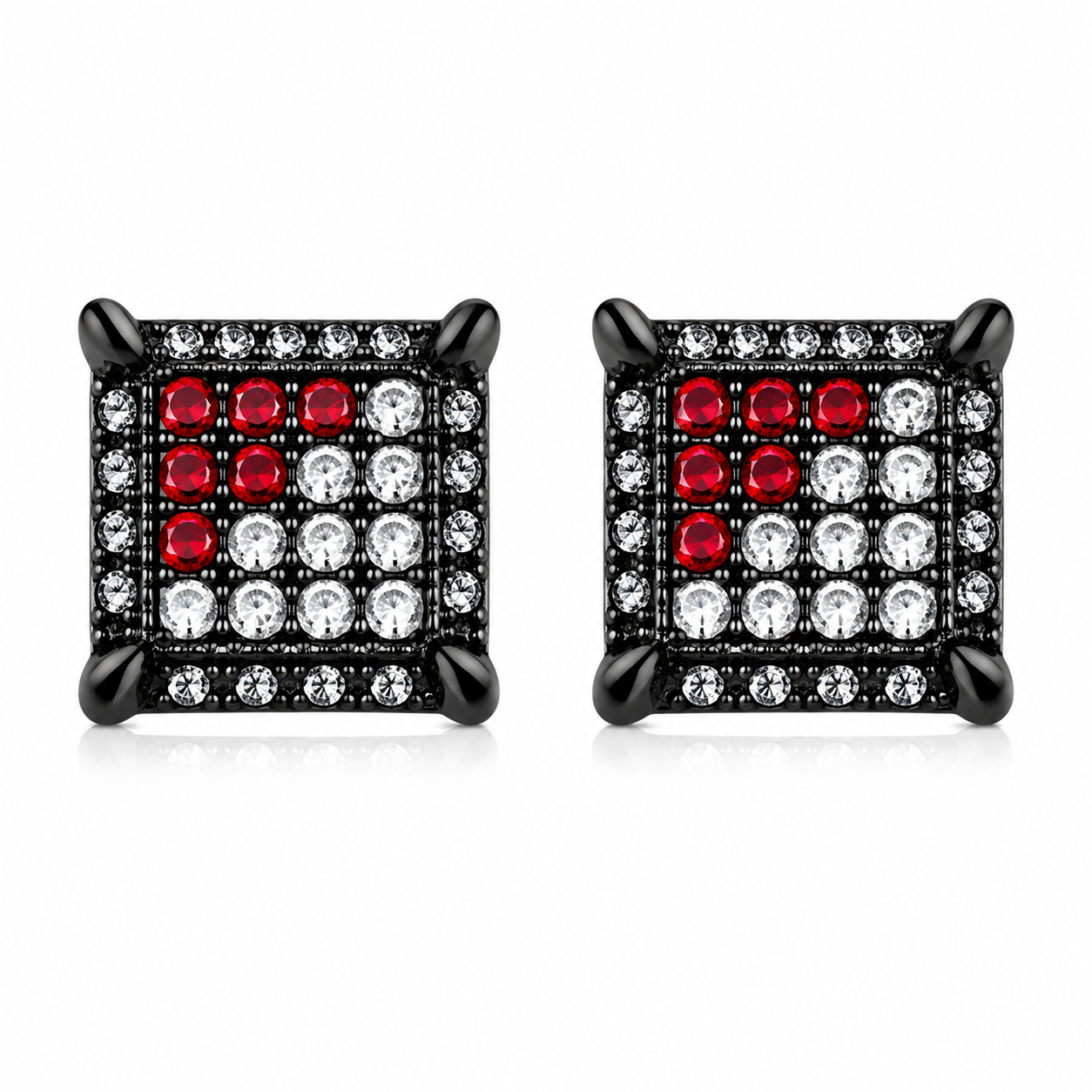 Hip Hop M Square Stud Earrings – AAA+ CZ Mounted Black-clear-Red Iced Out Earrings for Men & Women | Fashion Jewelry