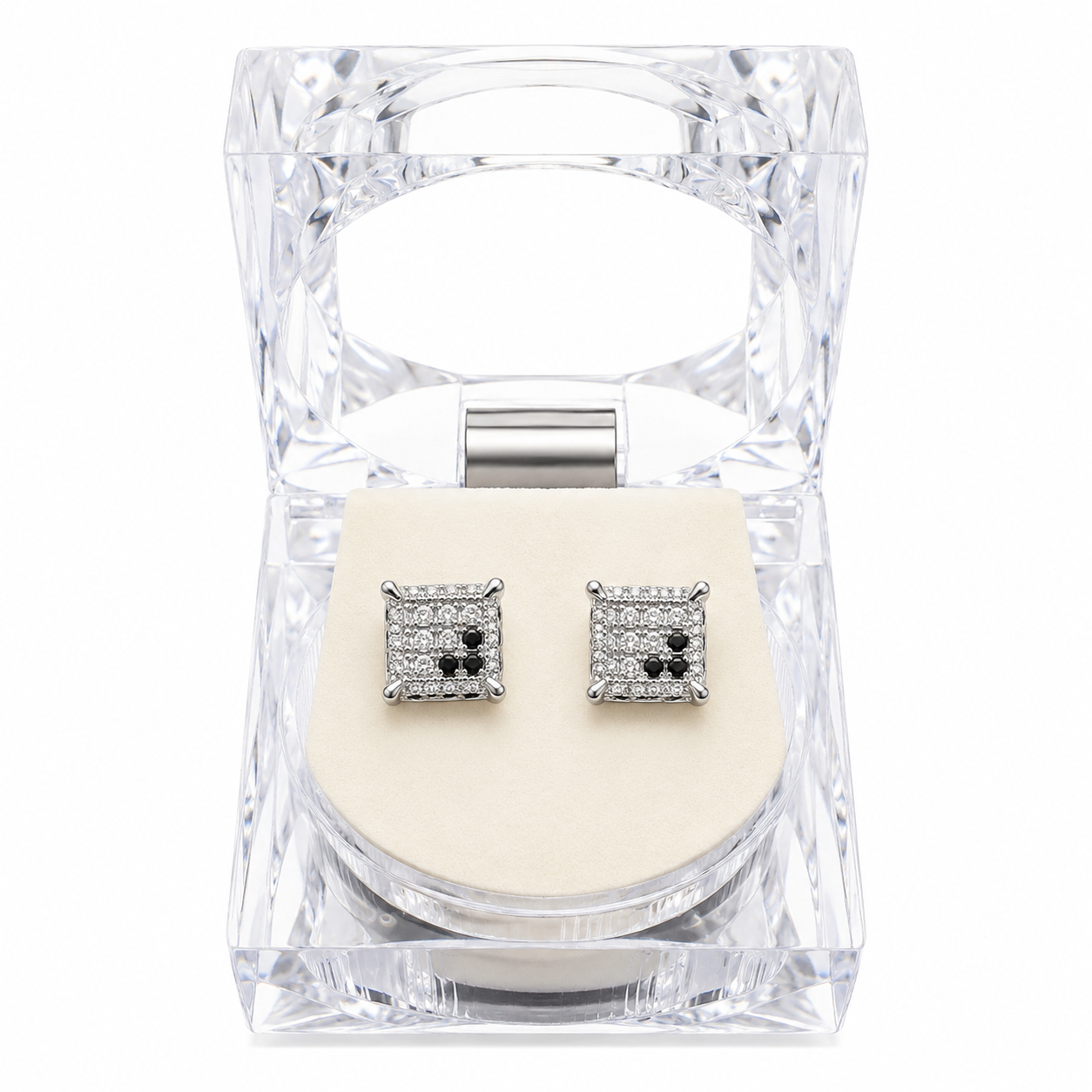 Hip Hop M Square Stud Earrings – AAA+ CZ Mounted Silver-clear-Black Iced Out Earrings for Men & Women | Fashion Jewelry