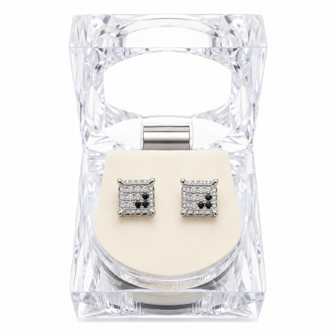 Hip Hop M Square Stud Earrings – AAA+ CZ Mounted Silver-clear-Black Iced Out Earrings for Men & Women | Fashion Jewelry