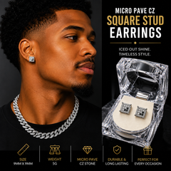 Hip Hop M Square Stud Earrings – AAA+ CZ Mounted Silver-clear-Black Iced Out Earrings for Men & Women | Fashion Jewelry