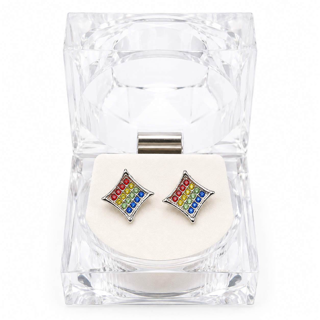 Hip Hop M Square Stud Earrings – AAA+ CZ Mounted Silver-clear-multi Iced Out Earrings for Men & Women | Fashion Jewelry