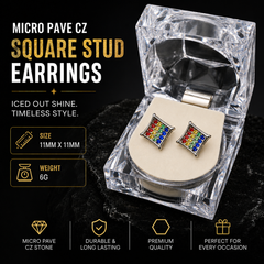 Hip Hop M Square Stud Earrings – AAA+ CZ Mounted Silver-clear-multi Iced Out Earrings for Men & Women | Fashion Jewelry