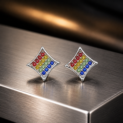 Hip Hop M Square Stud Earrings – AAA+ CZ Mounted Silver-clear-multi Iced Out Earrings for Men & Women | Fashion Jewelry