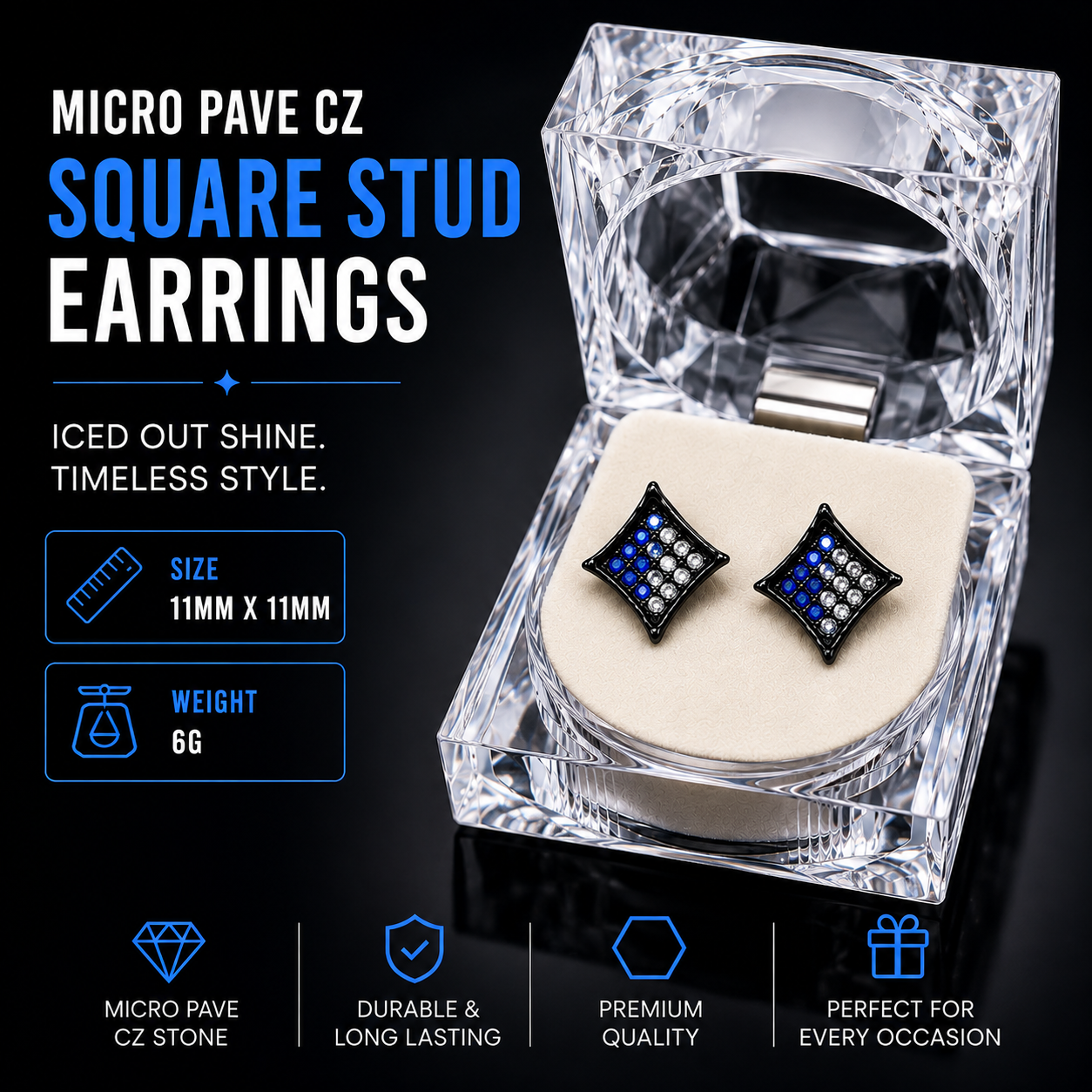 Hip Hop M Square Stud Earrings – AAA+ CZ Mounted Black-clear-blue Iced Out Earrings for Men & Women | Fashion Jewelry