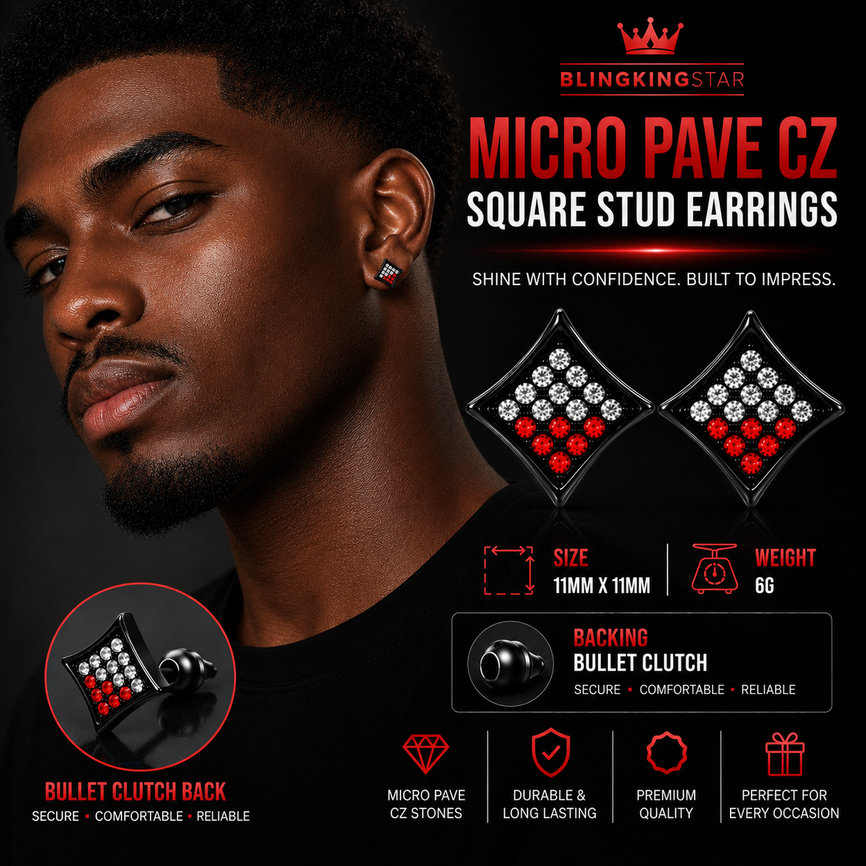 Hip Hop M Square Stud Earrings – AAA+ CZ Mounted Black-clear-red Iced Out Earrings for Men & Women | Fashion Jewelry