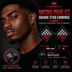 Hip Hop M Square Stud Earrings – AAA+ CZ Mounted Black-clear-red Iced Out Earrings for Men & Women | Fashion Jewelry