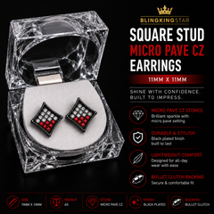 Hip Hop M Square Stud Earrings – AAA+ CZ Mounted Black-clear-red Iced Out Earrings for Men & Women | Fashion Jewelry