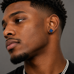 Hip Hop M Square Stud Earrings – AAA+ CZ Mounted Black-Blue Iced Out Earrings for Men & Women | Fashion Jewelry