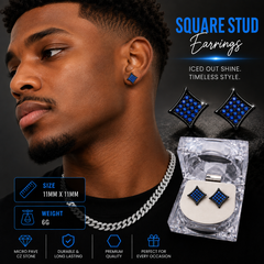 Hip Hop M Square Stud Earrings – AAA+ CZ Mounted Black-Blue Iced Out Earrings for Men & Women | Fashion Jewelry