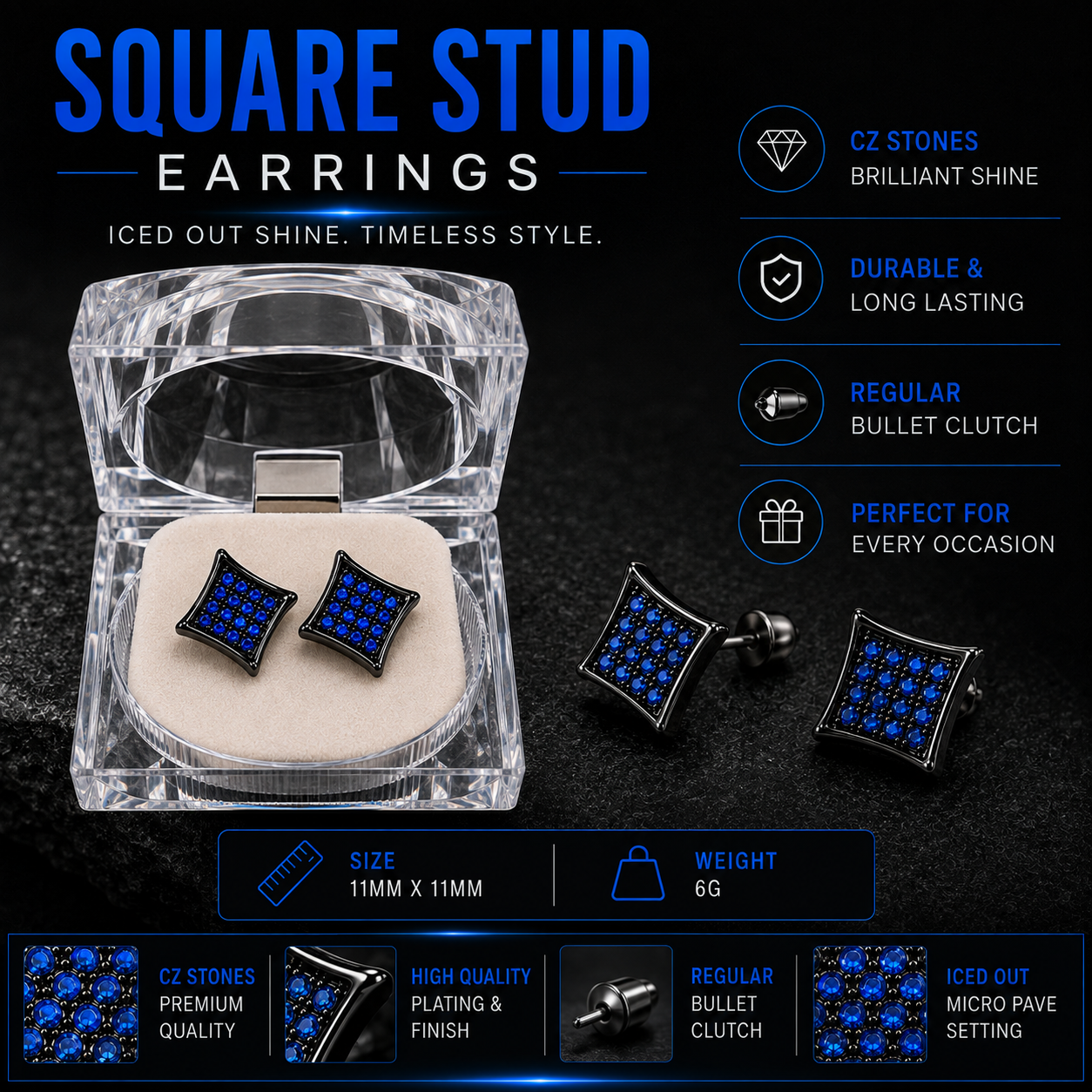 Hip Hop M Square Stud Earrings – AAA+ CZ Mounted Black-Blue Iced Out Earrings for Men & Women | Fashion Jewelry