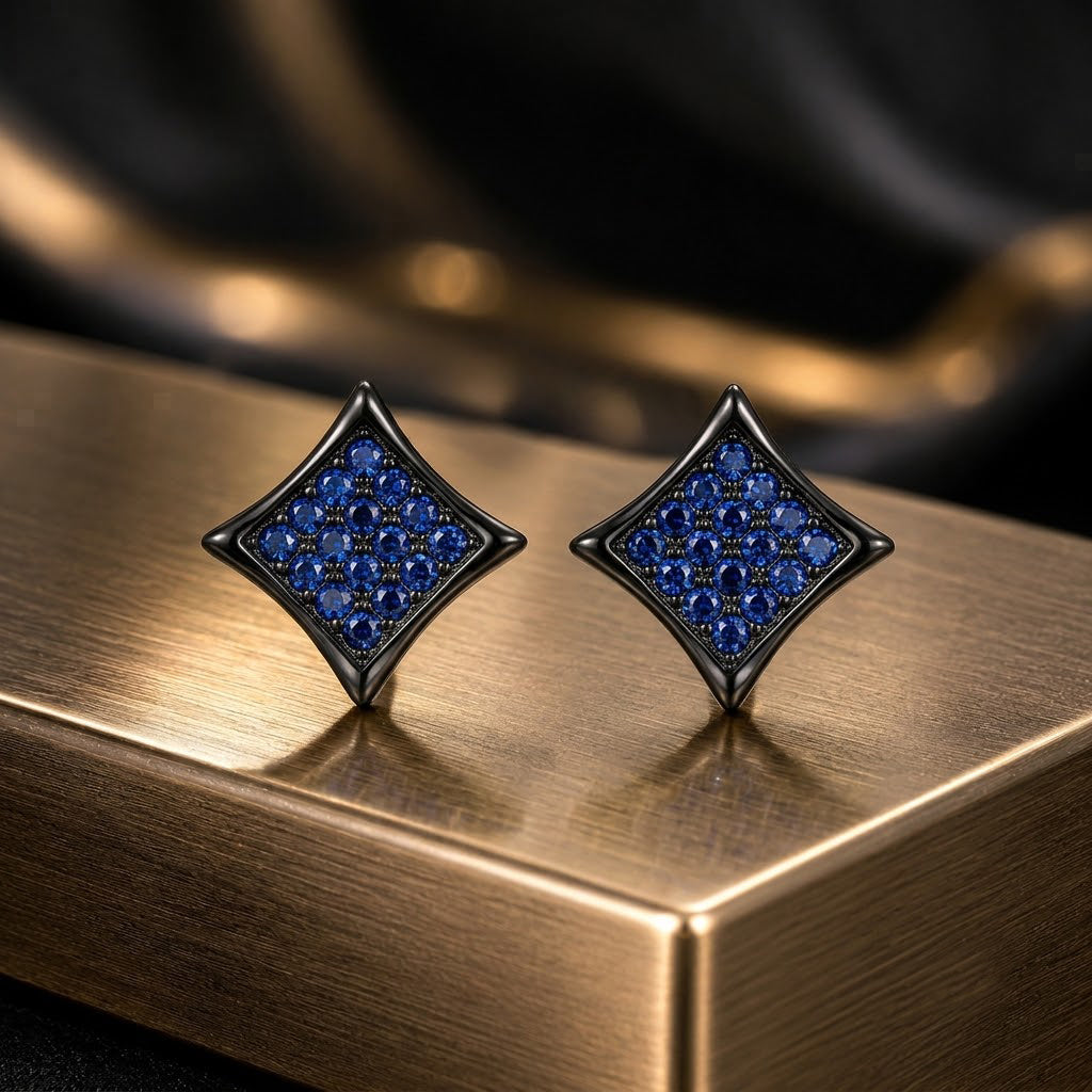 Hip Hop M Square Stud Earrings – AAA+ CZ Mounted Black-Blue Iced Out Earrings for Men & Women | Fashion Jewelry