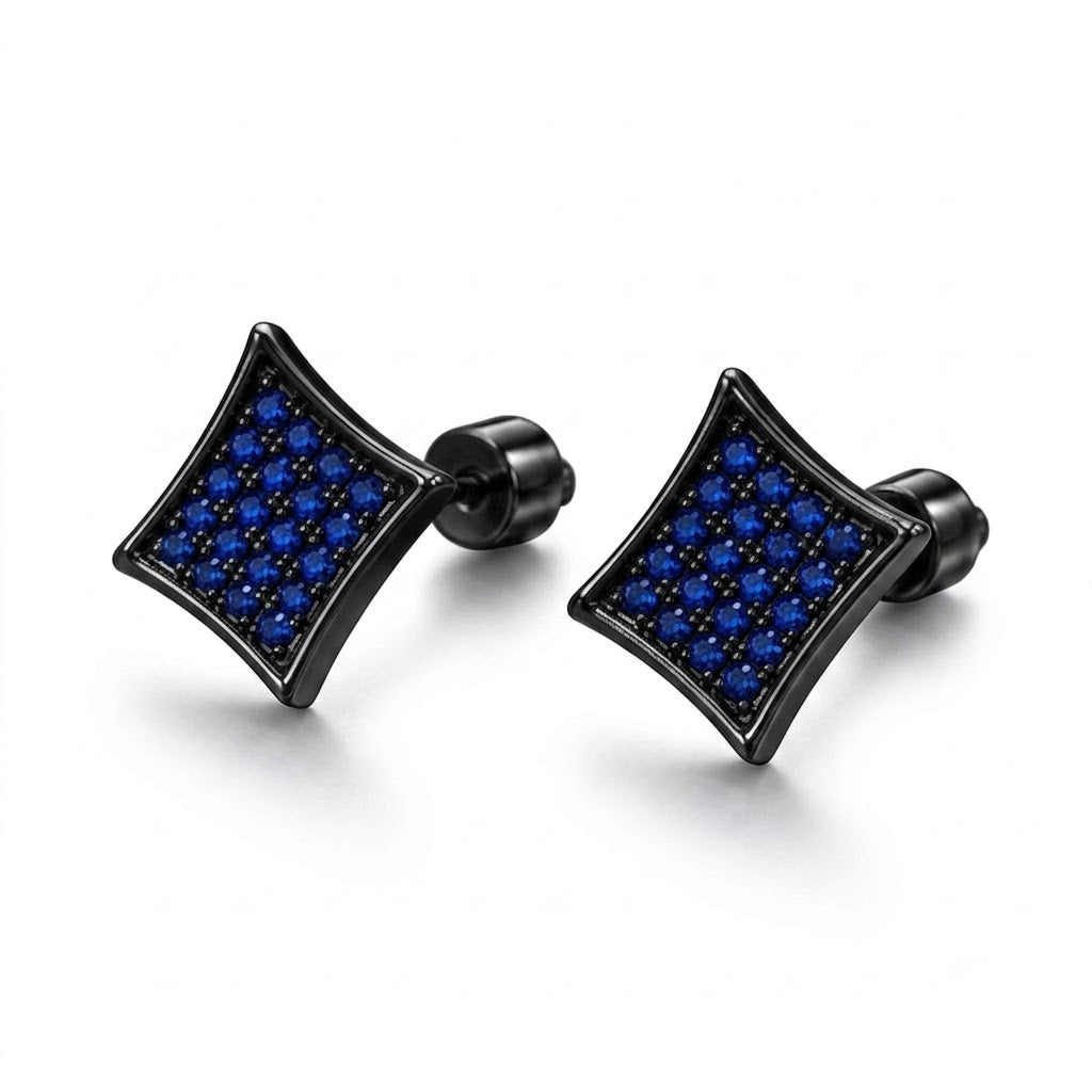 Hip Hop M Square Stud Earrings – AAA+ CZ Mounted Black-Blue Iced Out Earrings for Men & Women | Fashion Jewelry