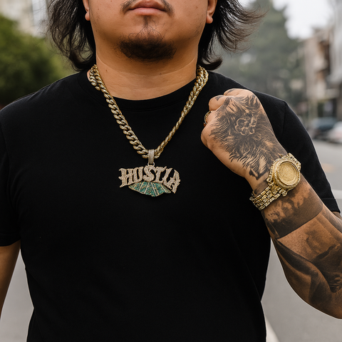 XXL Money Hustla Pendant & Iced Cuban Chain – 16mm 18"-30" Gold Hip Hop Bling