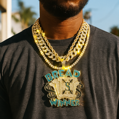 4PC Set – Bread Winner Pendant with Gold CZ Cuban, Tennis & Rope Chains