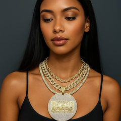 4PC Set – Huge Round Last Supper Pendant with Gold CZ Cuban, Tennis & Rope Chains