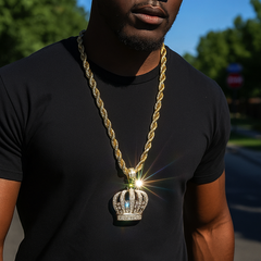 Iced Out Gold Crown Pendant with 30" Faux Gold Rope Chain – Hip Hop Bling