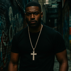 Gold Black Cross Necklace with Iced-Out CZ Stones & 30" Franco Chain – 14K Gold-Plated Hip Hop Pendant
