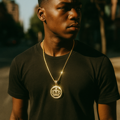 Gold Black Crown Necklace with Iced-Out CZ Stones & 30" Franco Chain – 14K Gold-Plated Hip Hop Pendant