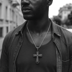 Black Hollow Cross Necklace with Iced-Out Black Stones & 24" Franco Chain – Black Hip Hop Pendant