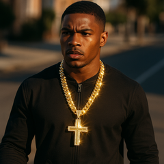10mm Miami Cuban Link Chain with Gold mirror Cross Pendant – Iced Out Hip Hop Necklace