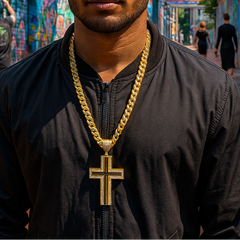 10mm Miami Cuban Link Chain with Gold mirror Cross Pendant – Iced Out Hip Hop Necklace