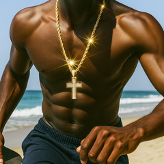 14k Gold Filled Fully Ice Out Cross Pendant  with Rope Chain