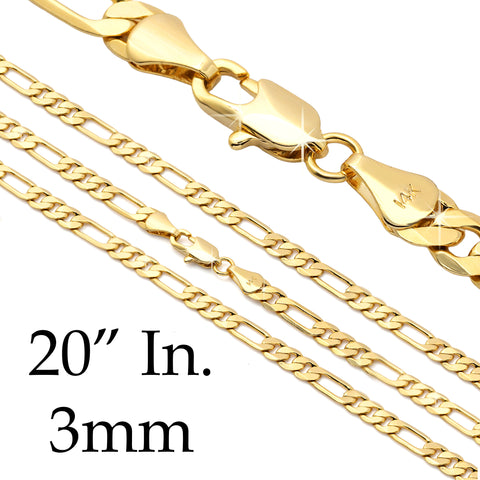 3 MM/20" FIGARO LINK CHAIN NECKLACE SLIM 14K REAL GOLD FILLED (\