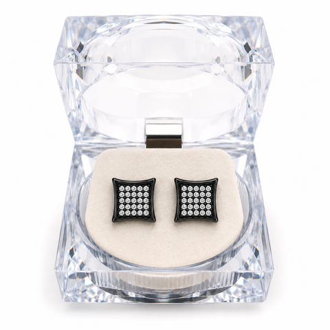 Hip Hop M Square Stud Earrings – AAA+ CZ Mounted Black-Clear Iced Out Earrings for Men & Women | Fashion Jewelry