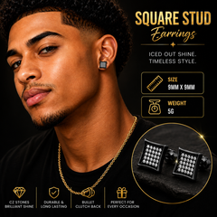 Hip Hop M Square Stud Earrings – AAA+ CZ Mounted Black-Clear Iced Out Earrings for Men & Women | Fashion Jewelry