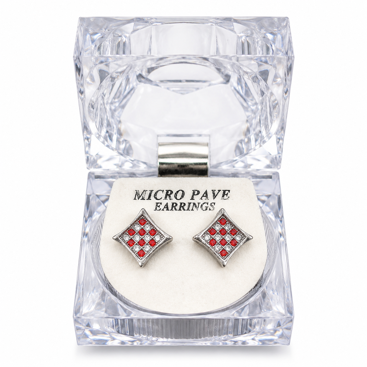 Hip Hop M Square Stud Earrings – AAA+ CZ Mounted Silver-Clear-Red Iced Out Earrings for Men & Women | Fashion Jewelry