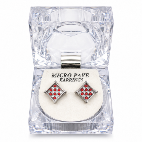 Hip Hop M Square Stud Earrings – AAA+ CZ Mounted Silver-Clear-Red Iced Out Earrings for Men & Women | Fashion Jewelry